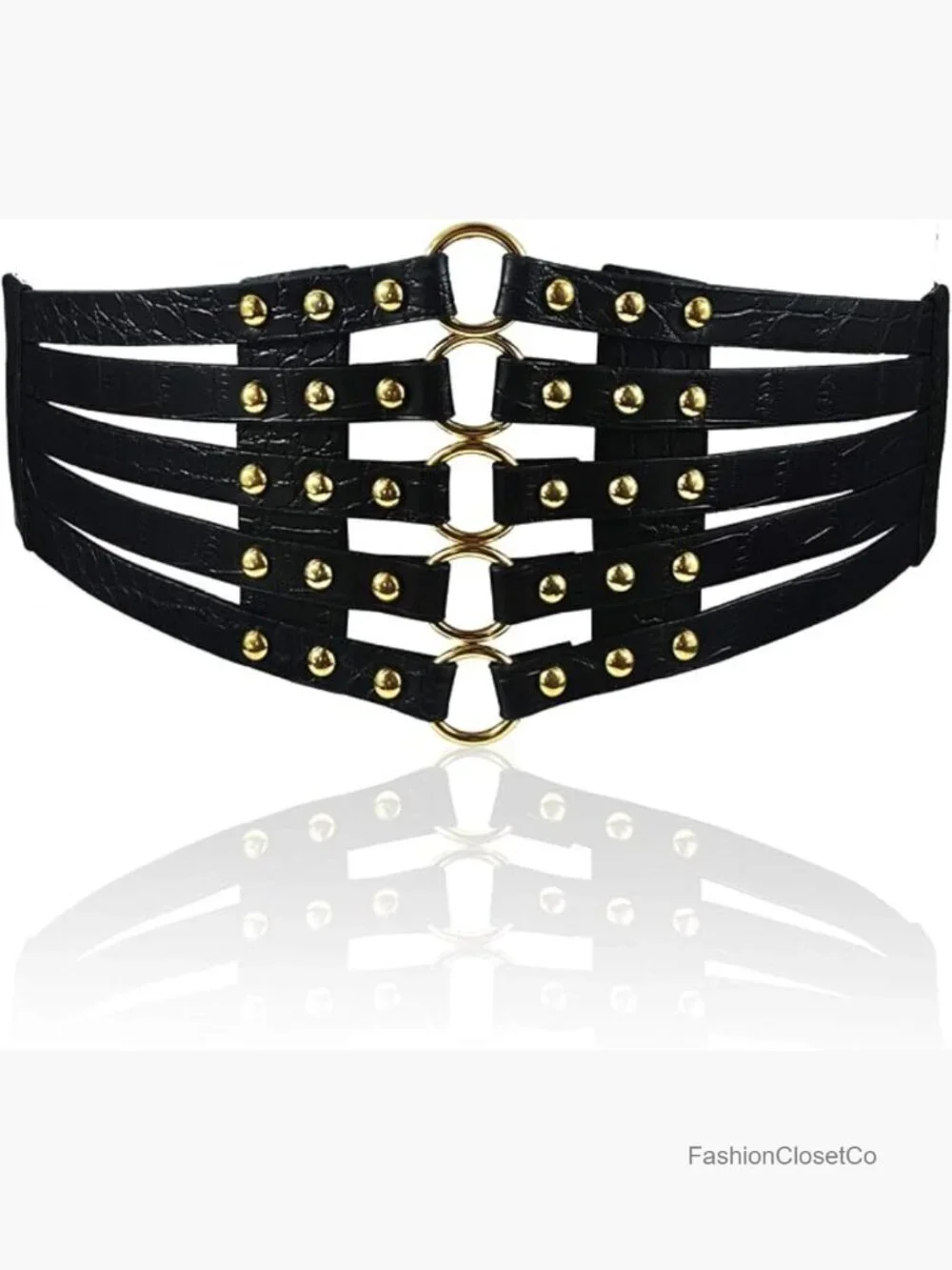 Faux Leather Wide Waist Belt Hollow Out Rivets Stretch Cinch Waistband